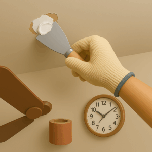 3D icon illustrating gloved hand applying putty knife to fill a hole in the ceiling with filler, next to ceiling fan, clock, and sanding roll — for Ceiling Repair by Chago Partners on Chago in Chandigarh, Panchkula, Mohali.