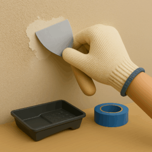 3D icon of gloved hand applying putty knife to fix peeling paint on walls, with paint tray and blue masking tape in background — for Wall Repair by Chago Partners on Chago in Chandigarh, Panchkula, Mohali.