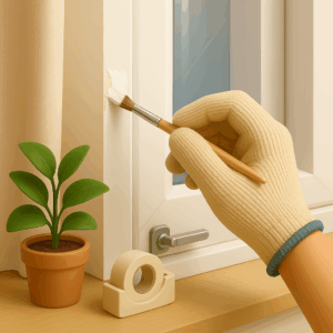 3D icon of a gloved hand applying a paintbrush to fix a window frame corner, accompanied by a potted plant and tape dispenser — for Window Frame Repair by Chago Partners on Chago in Chandigarh, Panchkula, Mohali.
