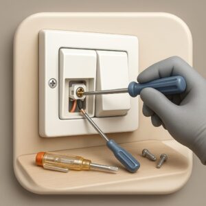 3D icon demonstrating gloved hand fixing contemporary double-switch panel using screwdriver, copper wires in view, voltage tester and screws on beige plate for switch repair service by Chago Partners in Chandigarh, Mohali, Panchkula.