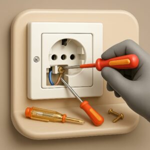 3D icon depicting gloved hand fixing contemporary universal socket panel using insulated screwdriver, visible copper wiring, voltage tester and screws on beige plate for repair service by Chago Partners in Chandigarh, Panchkula, Mohali.