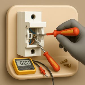 3D icon demonstrating gloved hand screwing terminal screw within contemporary MCB breaker using insulated screwdriver, copper cable is visible, multimeter and screws on beige plate for repair service by Chago Partners in Chandigarh, Mohali, Panchkula.