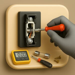 3D icon demonstrating gloved hand putting cylindrical glass fuse into sleek fuse holder, spare fuse and screwdriver on beige plate for repair service by Chago Partners in Chandigarh, Panchkula, Mohali.