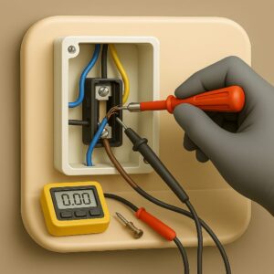 3D icon showing gloved hand testing frayed copper wire in open junction box with multimeter probes, digital multimeter at base on beige plate for repair service by Chago Partners in Chandigarh, Mohali, Panchkula.
