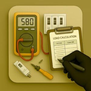 3D icon depicting an electrical load calculation arrangement with digital multimeter, switches, screwdriver, and clipboard, symbolizing consultancy service by Chago Partners in Chandigarh, Mohali, Panchkula.
