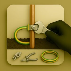 3D symbol of gloved hand with a wrench tightening a grounding cable to a copper pipe, with tools and wire roll in the background, symbolizing energy efficiency consultation by Chago Partners in Chandigarh, Mohali, Panchkula.