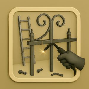 3D icon showing gloved hand welding a cracked iron gate bar with sparks, ladder in background, bolt and nut in foreground for repair service by Chago Partners in Chandigarh, Panchkula, Mohali.