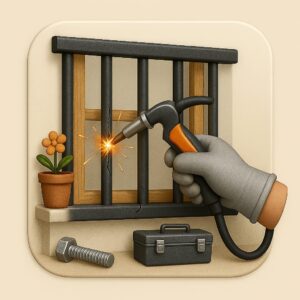 3D icon displaying gloved hand welding a twisted window grill bar with shining sparks, half wooden window frame and toolbox on beige plate for repair service by Chago Partners in Chandigarh, Panchkula.