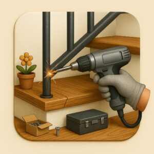 3D icon representing gloved hand performing electric drill operation to tighten a broken wooden staircase step, railing in the background, screw box on beige plate for repair work by Chago Partners in Mohali, Panchkula.