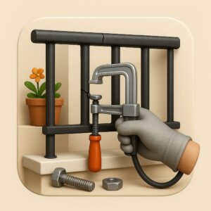 3D icon showing gloved hand tightening a loose balcony railing joint with clamp, flower pot on balcony edge, all mounted on a smooth beige plate for repair service by Chago Partners in Chandigarh, Mohali.