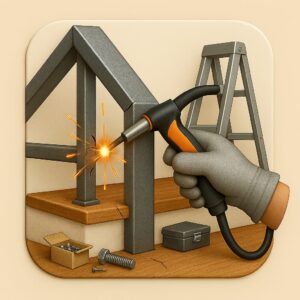 3D icon illustrating gloved hand welding broken mild steel roof frame joint with yellow sparks, ladder at background, bolts on light-brown plate for repair service by Chago Partners in Chandigarh, Mohali.