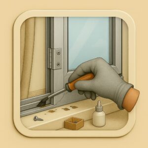 3D icon depicting gloved hand removing debris from aluminium sliding window track with screwdriver, glass reflection and curtain edge seen on beige plate for repair job by Chago Partners at Mohali, Chandigarh.