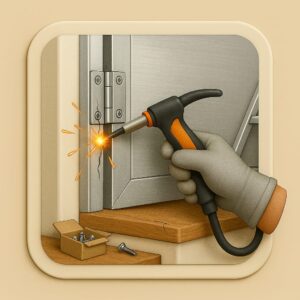 3D icon demonstrating gloved hand realigning aluminium door hinge with screwdriver, door half-open, screw box on ground, all on beige plate for repair service by Chago Partners in Panchkula, Chandigarh.