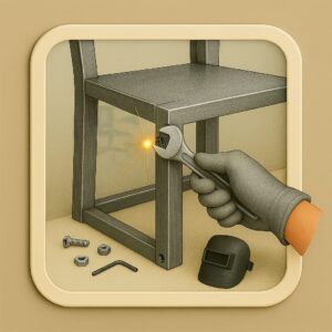 3D icon showing gloved hand tightening a loose joint on metal furniture with a wrench, bolts and tape measure on beige plate for repair service by Chago Partners in Mohali, Panchkula.