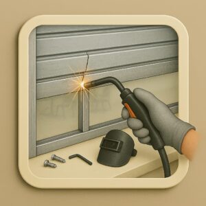 3D icon showing gloved hand welding a damaged metal rolling shutter slat with bright sparks, welding mask and bolts on beige plate for repair service by Chago Partners in Chandigarh, Panchkula.
