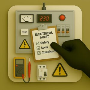 3D icon displaying gloved hand grasping checklist with safety, load, and compliance checks next to big industrial electrical control panel, with warning sign and multimeter on beige plate for audit service by Chago Partners in Chandigarh, Mohali, Panchkula.