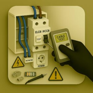 3D icon demonstrating gloved hand using handheld cable tester on open cable trunking with wired network and power cables, spare connectors and patch panel on beige plate for wiring inspection service by Chago Partners in Chandigarh, Mohali, Panchkula.