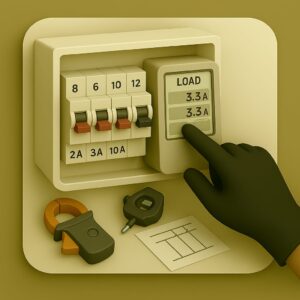 3D icon depicting gloved hand pointing towards load meter screen on electrical distribution board with multiple breakers, clamp meter and wiring diagram on beige plate for load analysis service by Chago Partners in Chandigarh, Mohali, Panchkula.