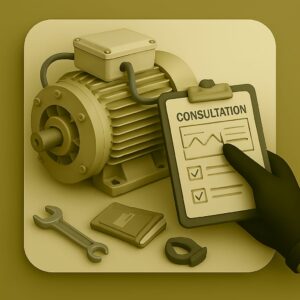 3D icon depicting gloved hand holding clipboard with performance charts next to big industrial motor or generator, and wrench and technical manual on beige plate for consultation service by Chago Partners in Chandigarh, Mohali, Panchkula.