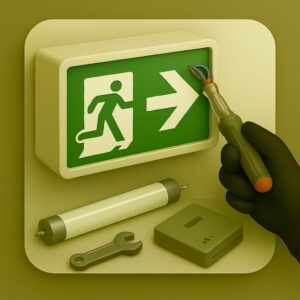 3D icon with gloved hand applying tester screwdriver to wall-mounted green running man icon of emergency exit light, spare LED tube and battery pack on beige plate for inspection service by Chago Partners in Chandigarh, Mohali, Panchkula.