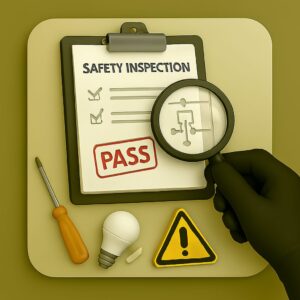 3D icon of gloved hand tightening grounding clamp over copper pipe with green-yellow cable, along with pliers, plug, and wire roll, symbolizing