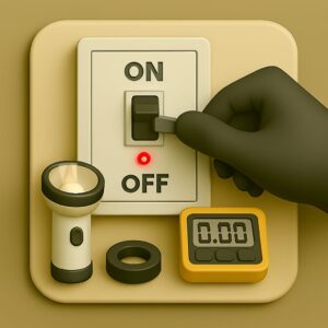 3D icon displaying gloved hand flipping main breaker from OFF to ON on electrical board with red outage light, emergency light and multimeter on beige plate for repair by Chago Partners in Chandigarh, Mohali, Panchkula.