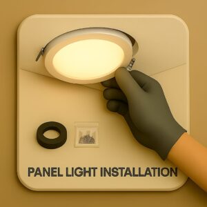 3D icon showing circular panel light being fitted into false ceiling slot, gloved hand pressing light into place with visible spring clips, screw packet and insulation tape on beige plate for panel light installation by Chago Partners in Chandigarh, Mohali, Panchkula.