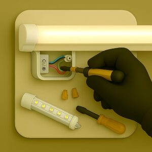 3D icon demonstrating gloved hand tinkering with wiring within open LED tube light casing using screwdriver, standby LED segment and wire connectors on beige tray for repair facility by Chago Partners in Chandigarh, Mohali, Panchkula.
