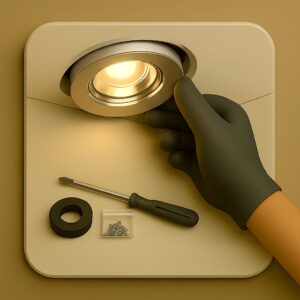 3D icon showing recessed spot light being aligned into ceiling cutout, gloved hand holding light mid-installation with screwdriver, screw packet and insulation tape on beige plate for spot light installation by Chago Partners in Panchkula, Chandigarh, Mohali.