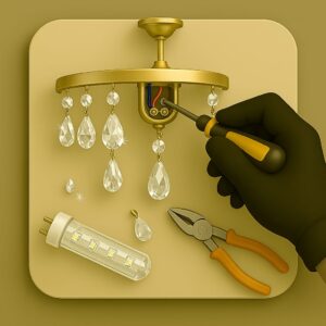 3D icon of gloved hand fixing chandelier wiring next to central fixture with screwdriver, replacement crystal pendant and pliers on beige plate for Chago Partners' repair service in Chandigarh, Mohali, Panchkula.