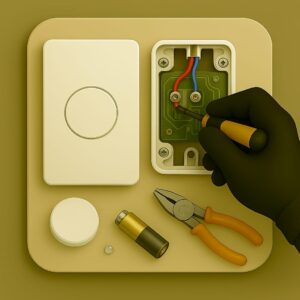 3D icon of gloved hand tightening wire on open wireless doorbell circuit board with screwdriver, extra button cap and battery on beige plate for repair service by Chago Partners in Chandigarh, Mohali, Panchkula.