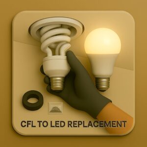 3D icon showing small chandelier with six bulbs being fixed to ceiling, gloved hand tightening bracket screws with screwdriver, extra bulb packet and insulation tape on beige plate for chandelier installation by Chago Partners in Mohali, Panchkula, Chandigarh.