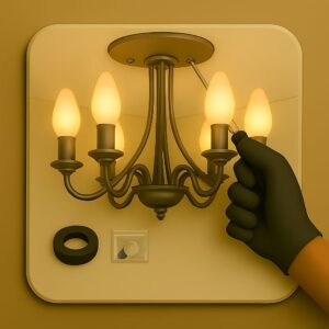 3D icon showing small chandelier with six bulbs being fixed to ceiling, gloved hand tightening bracket screws with screwdriver, extra bulb packet and insulation tape on beige plate for chandelier installation by Chago Partners in Mohali, Panchkula, Chandigarh.