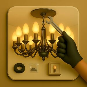 3D icon showing large chandelier with more than six glowing bulbs being mounted to ceiling, gloved hand tightening ceiling chain with wrench, extra bulb box and insulation tape on beige plate for chandelier installation by Chago Partners in Chandigarh, Panchkula, Mohali.