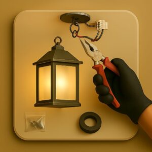 3D icon showing decorative lantern with glass and metal frame being connected to ceiling wires, gloved hand using pliers, screw packet and insulation tape on beige plate for lantern installation by Chago Partners in Mohali, Chandigarh, Panchkula.