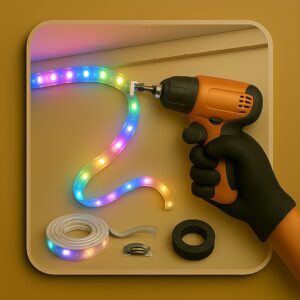 3D icon showing decorative LED strip light being fixed along a wall edge, gloved hand using drill on bracket, extra LED roll and insulation tape on beige plate for decorative light installation by Chago Partners in Panchkula, Chandigarh, Mohali.
