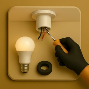 3D icon showing bulb holder being fixed to ceiling with visible wiring, gloved hand tightening screws using screwdriver, spare bulb and insulation tape placed on beige plate for bulb holder installation by Chago Partners in Chandigarh, Mohali, Panchkula.