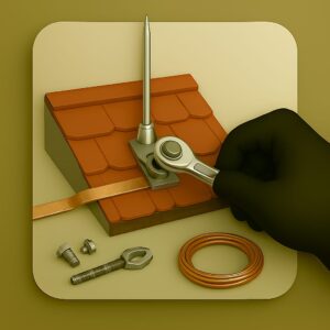 3D icon of gloved hand tightening lightning arrester rod on rooftop segment with ratchet wrench, joined copper strip, spare bolts and coil on beige plate for installation service by Chago Partners in Chandigarh, Mohali, Panchkula.