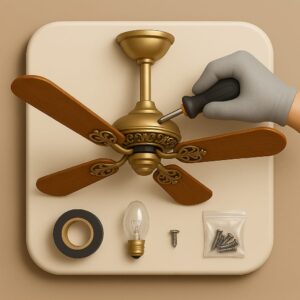 3D icon showing decorative ceiling fan with ornate blades mid-installation, gloved hand tightening canopy screws using screwdriver, with decorative bulb and screw packet on beige plate for decorative ceiling fan installation by Chago Partners in Panchkula, Chandigarh, Mohali.