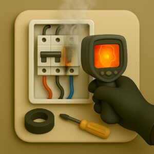3D icon of gloved hand operating thermal scanner on exposed electrical panel with burnt wire section and slight smoke, electrical tape and screwdriver on beige plate for repair service by Chago Partners in Chandigarh, Mohali, Panchkula.