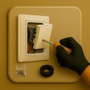 3D icon showing a single modular one-way switch being installed on a wall plate, gloved hand tightening screw with screwdriver, screw packet and insulation tape placed below on beige plate for one-way switch installation by Chago Partners in Chandigarh, Panchkula, Mohali.