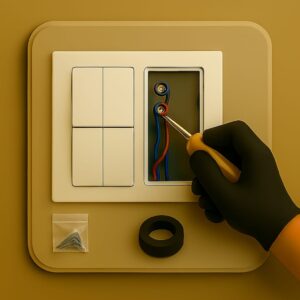 3D icon showing two modular switches on a wall plate in partial installation, gloved hand tightening wire terminal with screwdriver, screw packet and insulation tape placed below on beige plate for two-way switch installation by Chago Partners in Mohali, Chandigarh, Panchkula.
