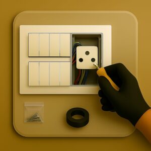 3D icon showing a modular switch panel with multiple switches and a socket in partial installation, gloved hand tightening screws using screwdriver, screw packet and insulation tape placed neatly on beige plate for modular switch panel installation by Chago Partners in Chandigarh, Mohali, Panchkula.