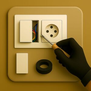 3D icon showing a wall switchboard with one switch and one socket in replacement state, gloved hand loosening screw with screwdriver, old switch/socket and insulation tape placed neatly below on beige plate for switch and socket replacement by Chago Partners in Panchkula, Chandigarh, Mohali.