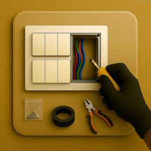 3D icon showing a rectangular modular switchboard in partial installation with visible wiring, gloved hand tightening screw using screwdriver, screw packet, insulation tape, and pliers placed neatly on beige plate for switchboard installation by Chago Partners in Chandigarh, Mohali, Panchkula. 3D icon showing a rectangular modular switchboard in partial installation with visible wiring, gloved hand tightening screw using screwdriver, screw packet, insulation tape, and pliers placed neatly on beige plate for switchboard installation by Chago Partners in Chandigarh, Mohali, Panchkula.