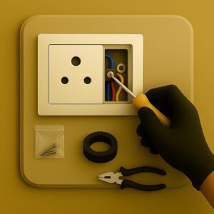 3D icon showing a modular 3-pin power socket in partial installation with visible wiring, gloved hand tightening wire terminal using screwdriver, screw packet and insulation tape placed neatly on beige plate for power socket installation by Chago Partners in Mohali, Chandigarh, Panchkula.