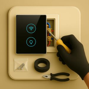 3D icon showing a WiFi-enabled smart switch panel with glowing WiFi signal indicator in partial installation, gloved hand tightening wire terminal using screwdriver, screw packet, insulation tape, and small WiFi router placed neatly on beige plate for WiFi smart switch installation by Chago Partners in Mohali, Panchkula, Chandigarh.