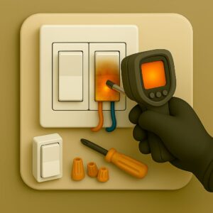 3D icon of gloved hand twisting overheated switch terminal on contemporary switchboard with insulated screwdriver, new switch and wire connectors on beige plate for repair service by Chago Partners in Chandigarh, Mohali, Panchkula.