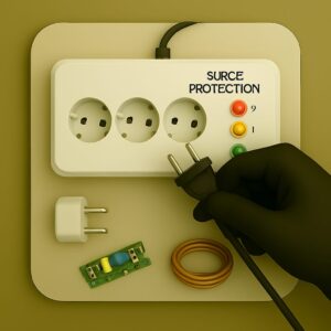 3D icon of gloved hand inserting cable into multi-socket surge protector with voltage indicator lights, spare plug and circuit board on beige plate for setup service by Chago Partners in Chandigarh, Mohali, Panchkula.