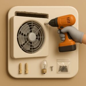 3D icon showing exhaust fan with circular blades partly fitted in wall opening, gloved hand drilling screws on frame, with wall anchors and screw packet on beige plate for exhaust fan installation by Chago Partners in Chandigarh, Mohali, Panchkula.